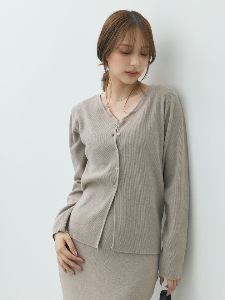 【Essential】Lace trim knit cardigan & Square neck knit one piece ensemble SET