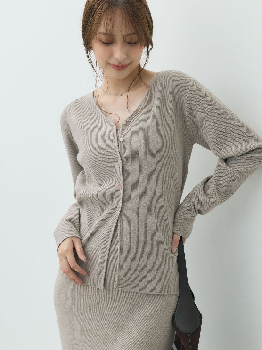 【Essential】Lace trim knit cardigan & Square neck knit one piece ensemble SET