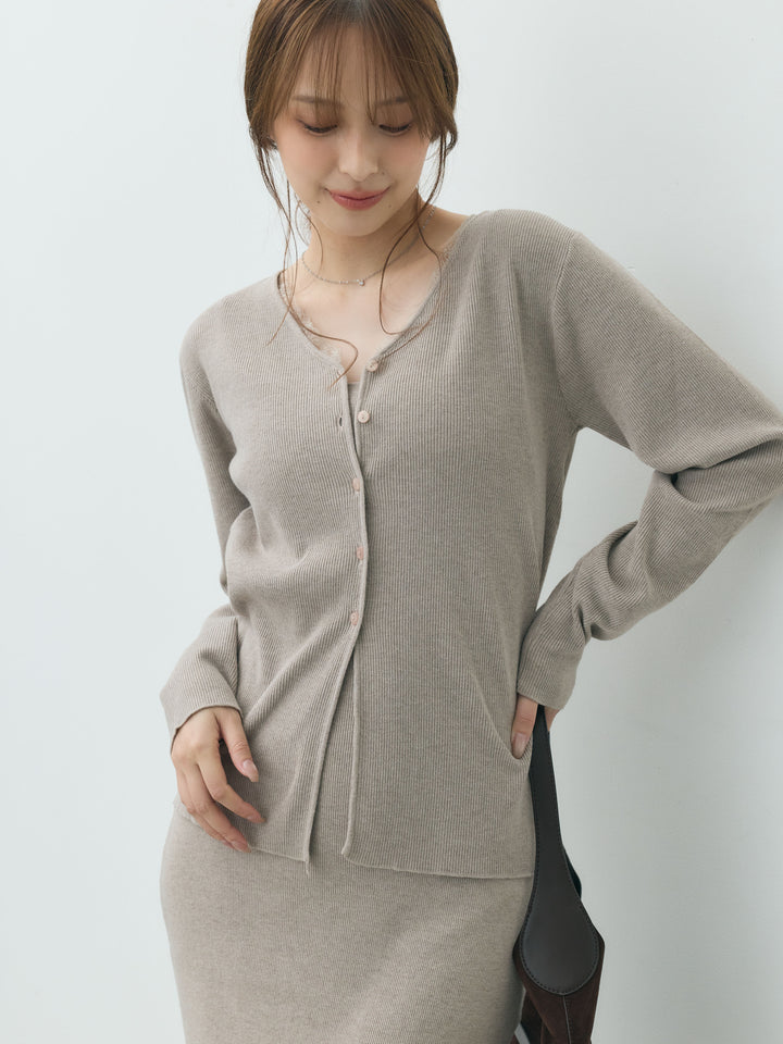 【Essential】Lace trim knit cardigan & Square neck knit one piece ensemble SET