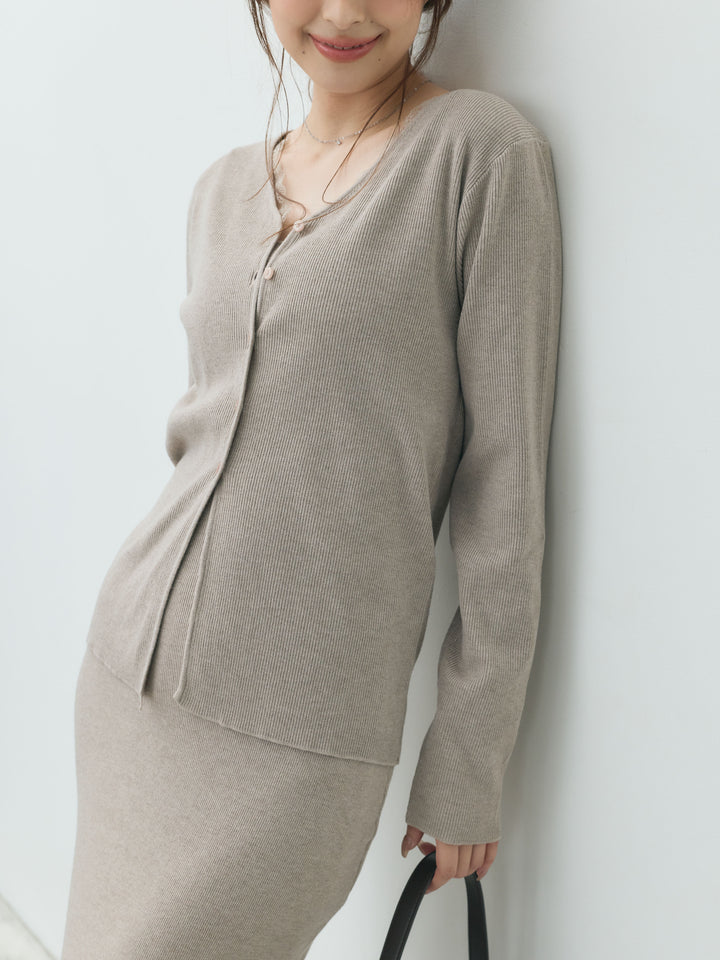 【Essential】Lace trim knit cardigan & Square neck knit one piece ensemble SET