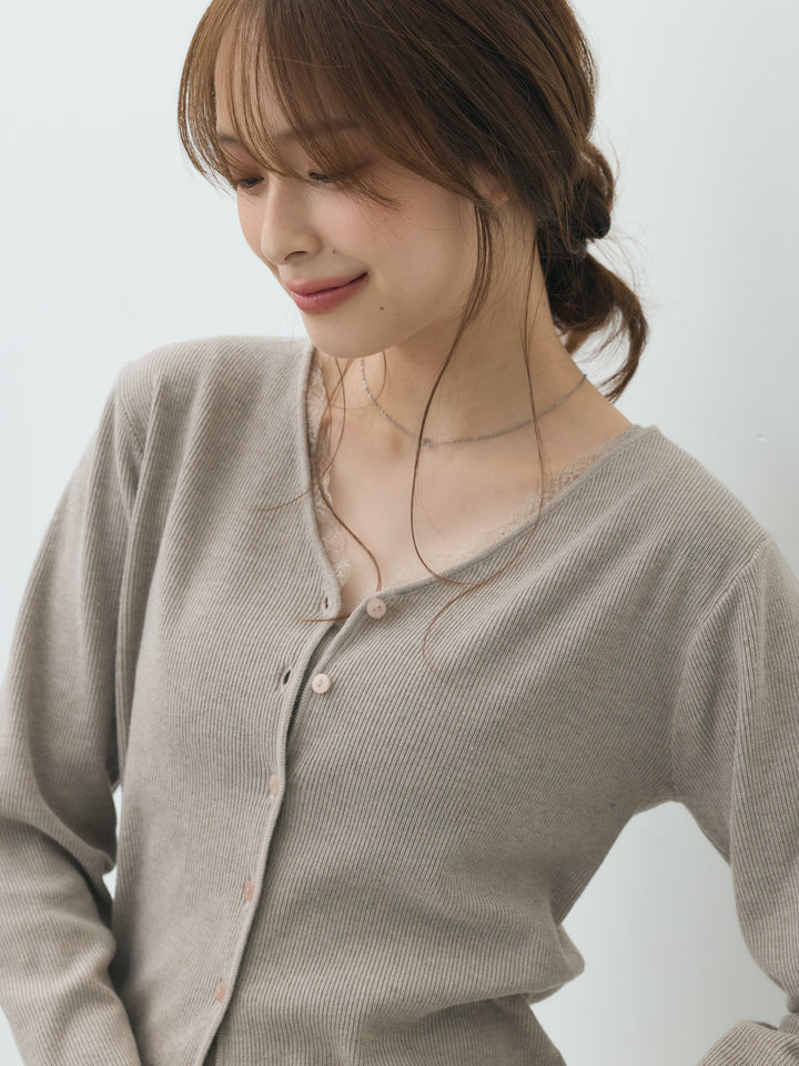 【Essential】Lace trim knit cardigan & Square neck knit one piece ensemble SET