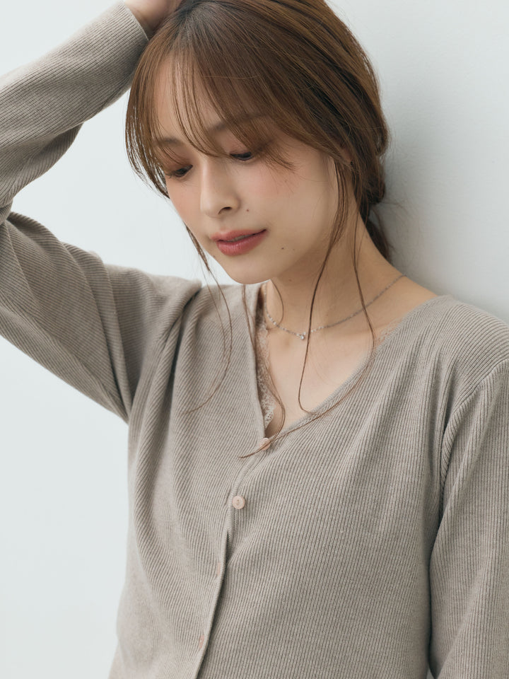 【Essential】Lace trim knit cardigan & Square neck knit one piece ensemble SET