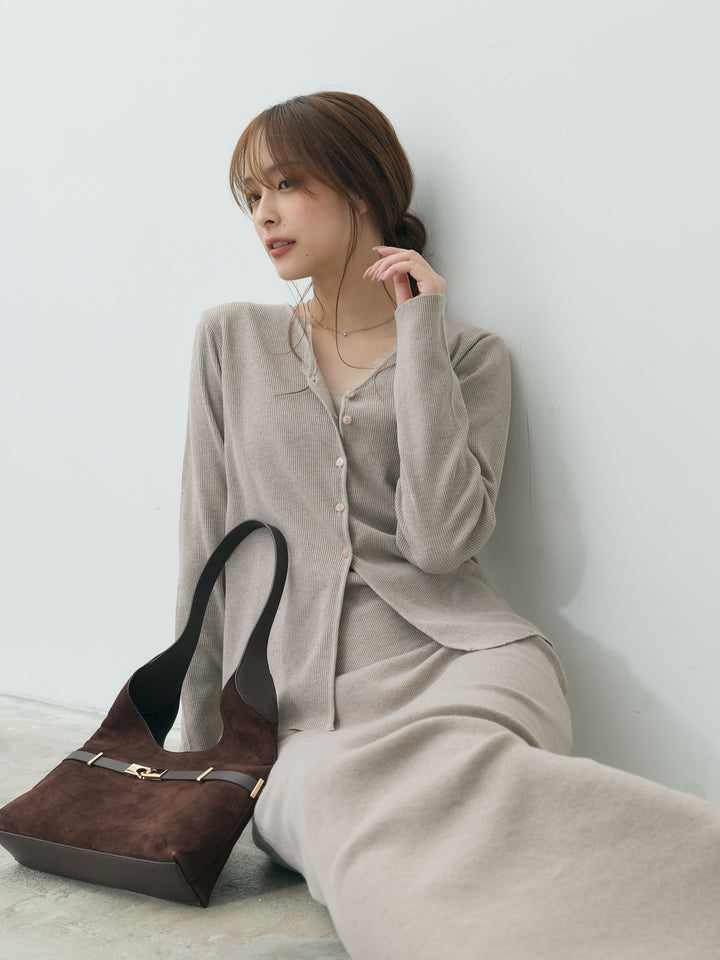 【Essential】Lace trim knit cardigan & Square neck knit one piece ensemble SET