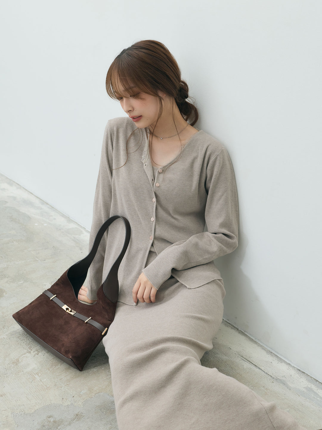 【Essential】Lace trim knit cardigan & Square neck knit one piece ensemble SET