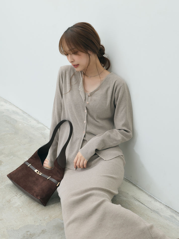 【Essential】Lace trim knit cardigan & Square neck knit one piece ensemble SET