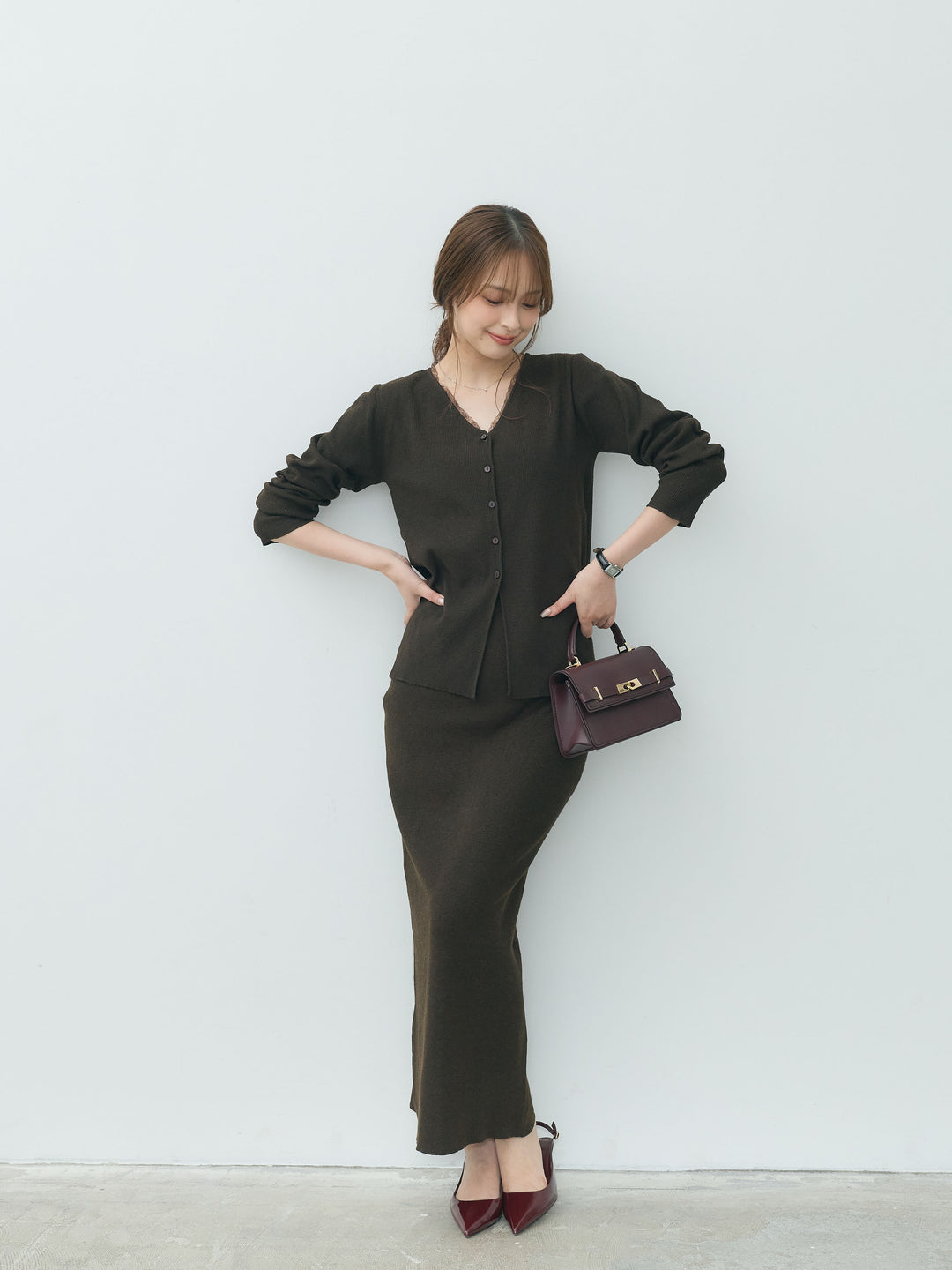 【Essential】Lace trim knit cardigan & Square neck knit one piece ensemble SET