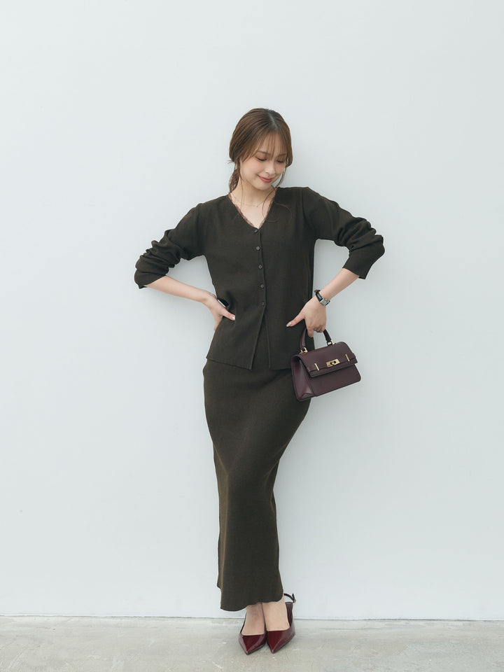【Essential】Lace trim knit cardigan & Square neck knit one piece ensemble SET