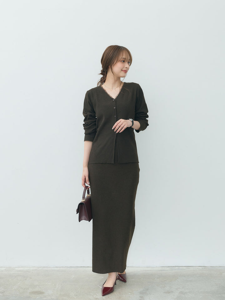 【Essential】Lace trim knit cardigan & Square neck knit one piece ensemble SET