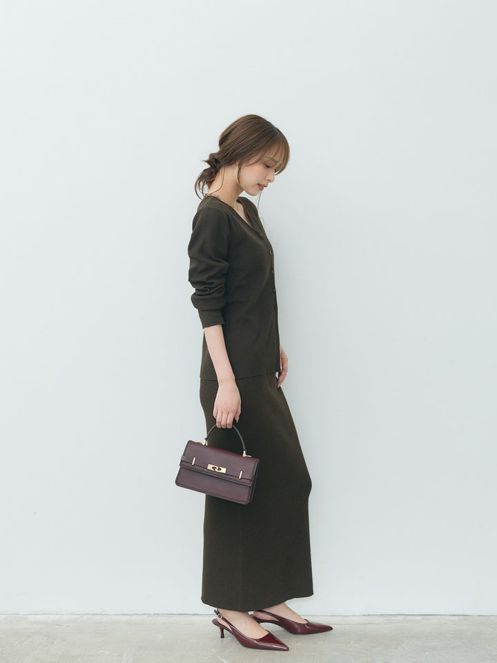 【Essential】Lace trim knit cardigan & Square neck knit one piece ensemble SET