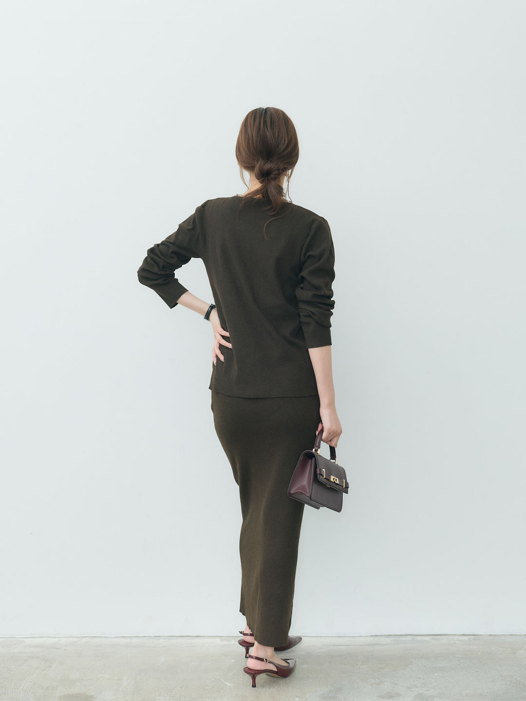 【Essential】Lace trim knit cardigan & Square neck knit one piece ensemble SET