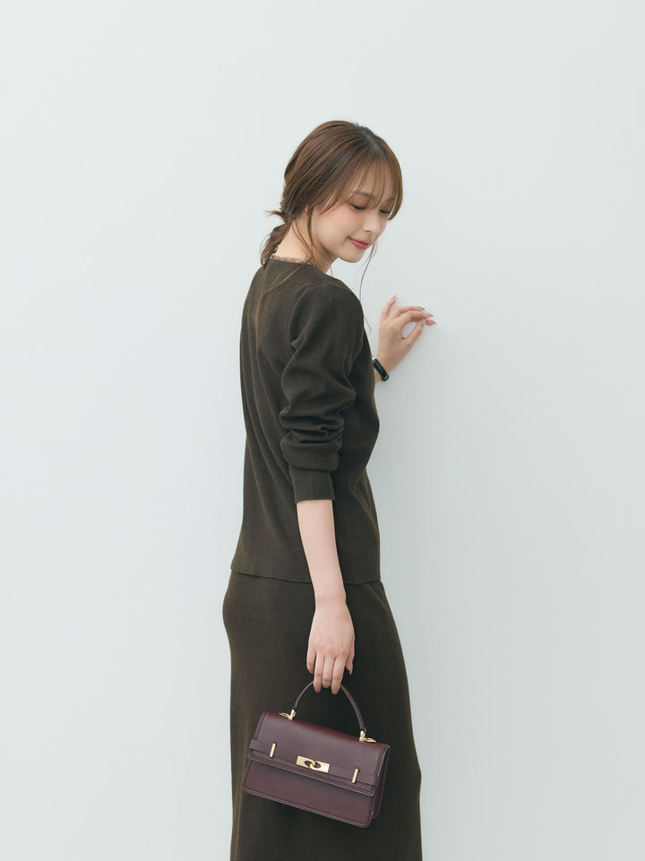 【Essential】Lace trim knit cardigan & Square neck knit one piece ensemble SET
