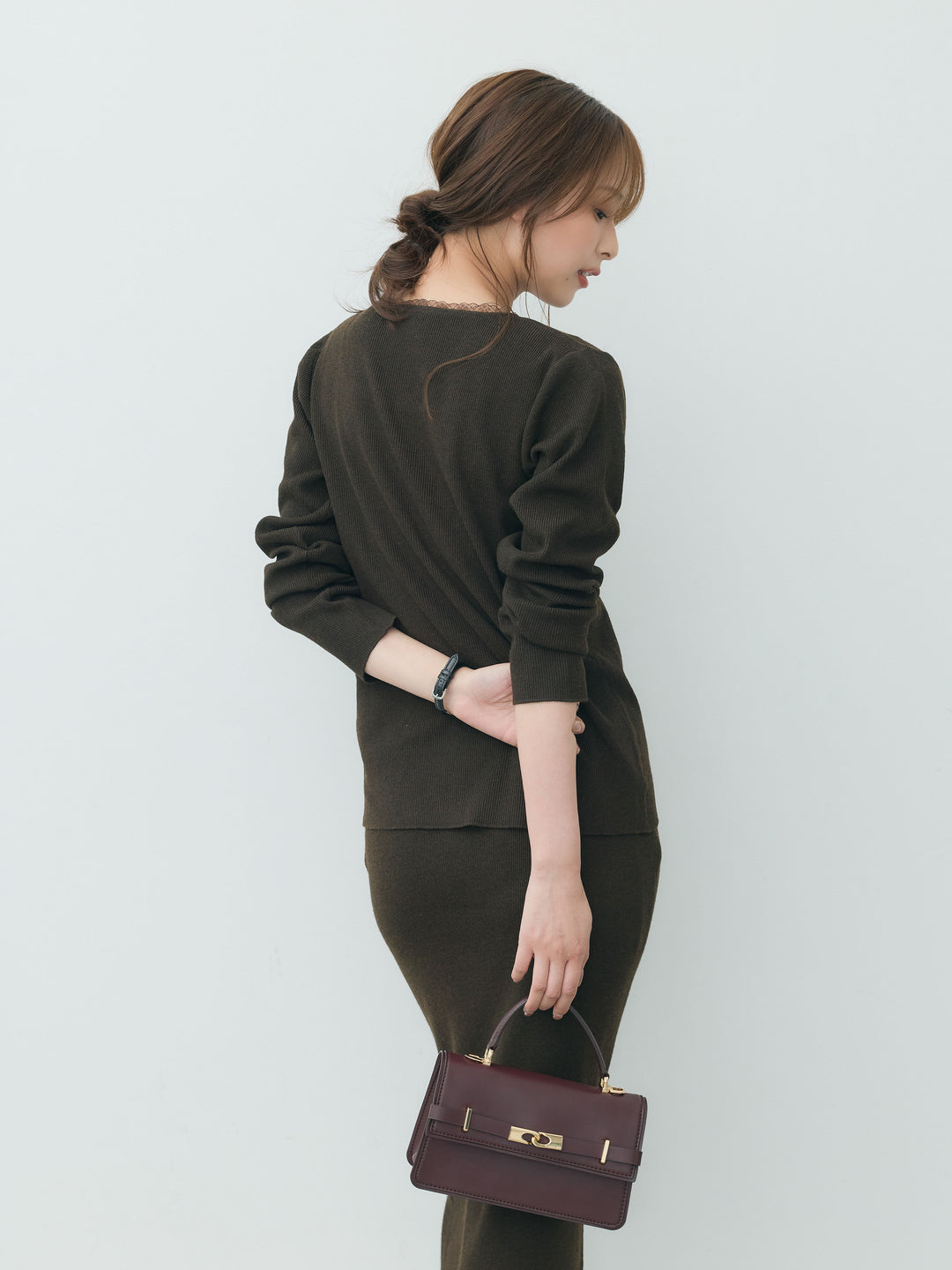 【Essential】Lace trim knit cardigan & Square neck knit one piece ensemble SET