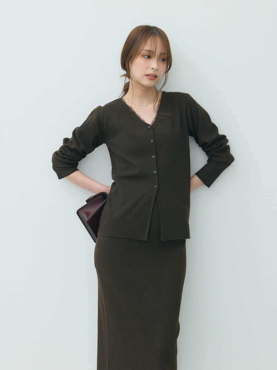 【Essential】Lace trim knit cardigan & Square neck knit one piece ensemble SET