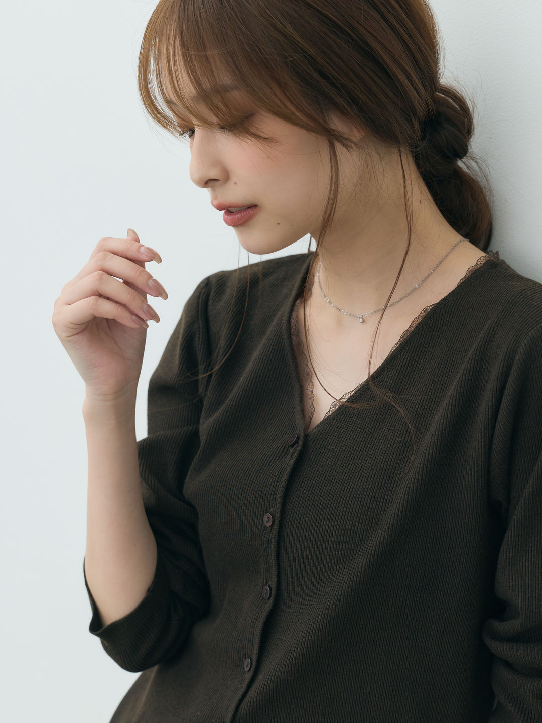 【Essential】Lace trim knit cardigan & Square neck knit one piece ensemble SET