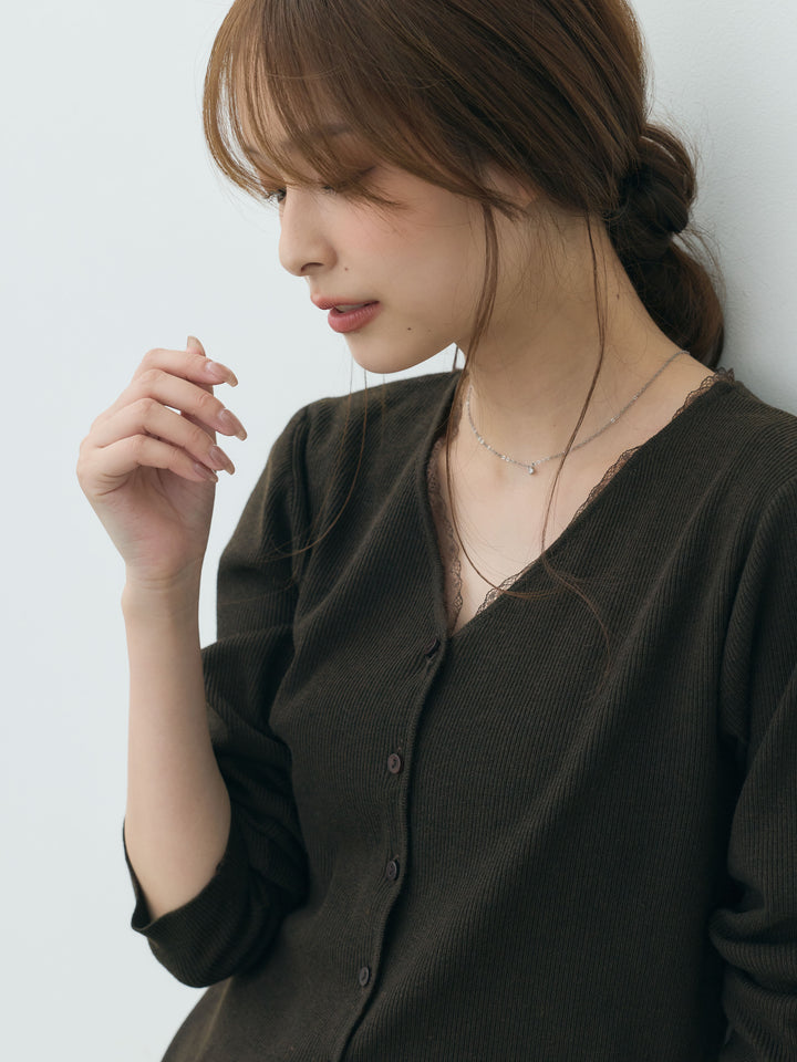 【Essential】Lace trim knit cardigan & Square neck knit one piece ensemble SET