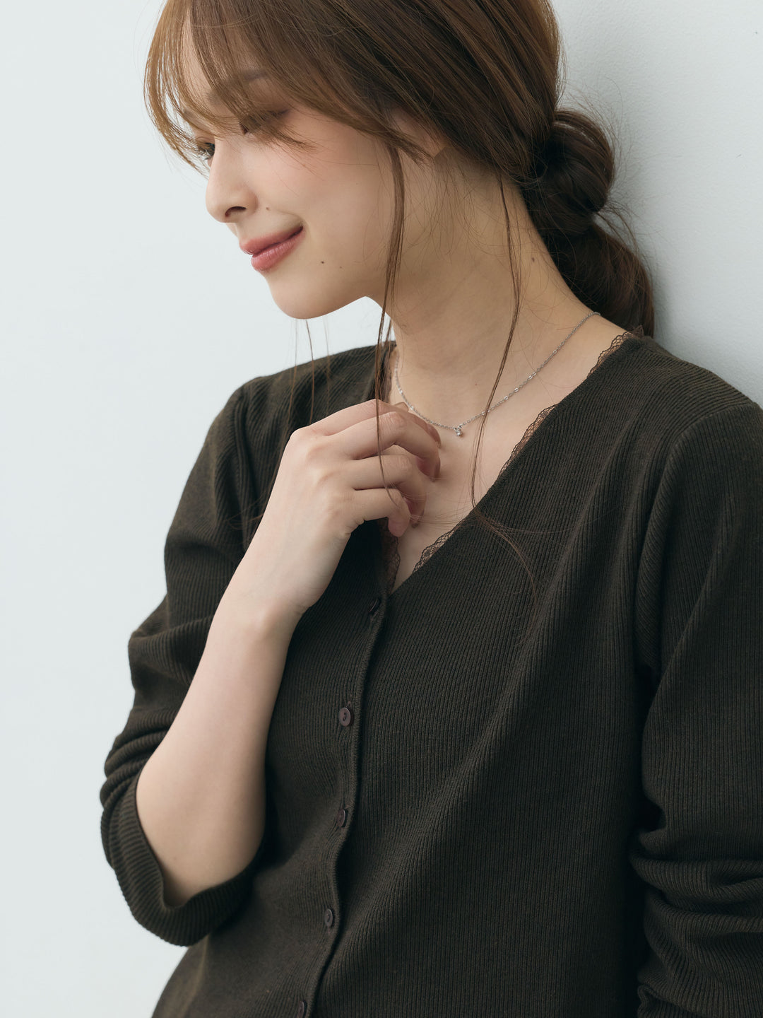 【Essential】Lace trim knit cardigan & Square neck knit one piece ensemble SET