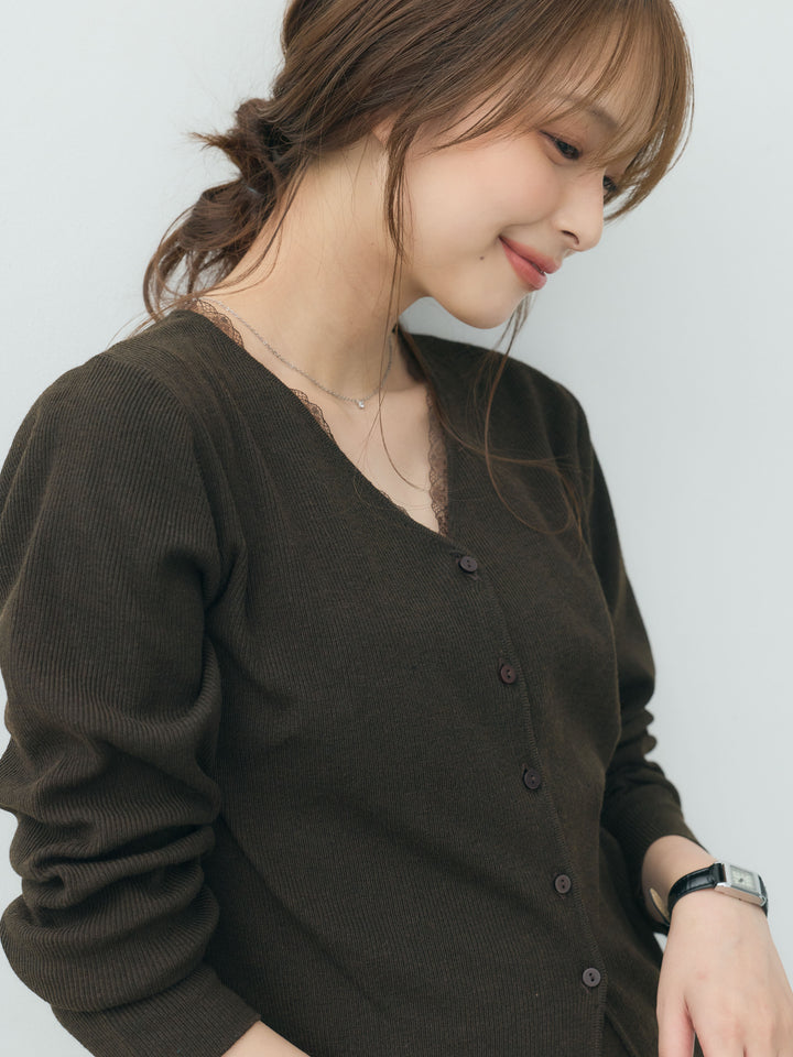 【Essential】Lace trim knit cardigan & Square neck knit one piece ensemble SET