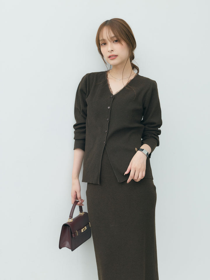 【Essential】Lace trim knit cardigan & Square neck knit one piece ensemble SET
