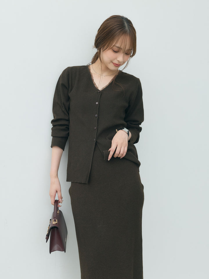 【Essential】Lace trim knit cardigan & Square neck knit one piece ensemble SET