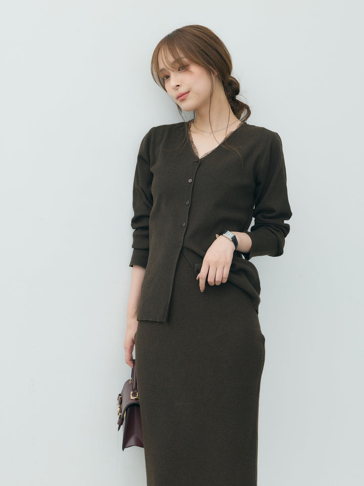【Essential】Lace trim knit cardigan & Square neck knit one piece ensemble SET