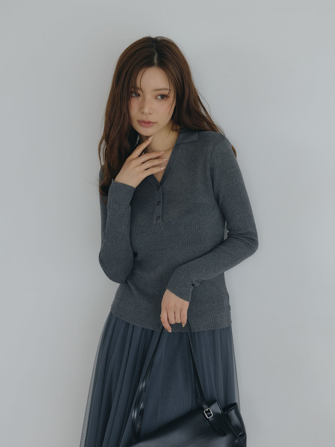 【SET】ラメリブニットポロトップス+ボリュームチュールスカート(2set)