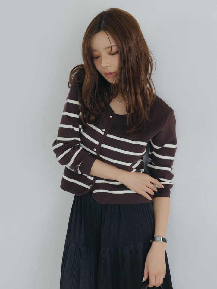 【SET】ゴールドボタンボーダーニットカーディガン+【Essential】Soft sheen tiered flare skirt(2set)