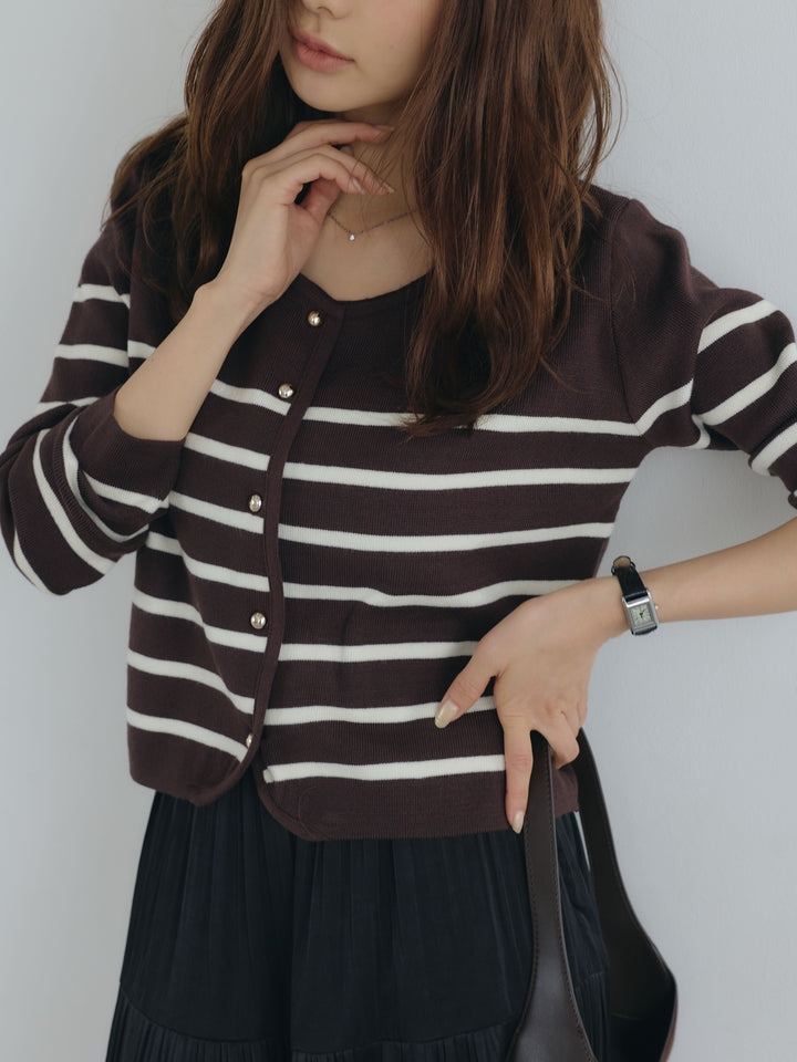 【SET】ゴールドボタンボーダーニットカーディガン+【Essential】Soft sheen tiered flare skirt(2set)