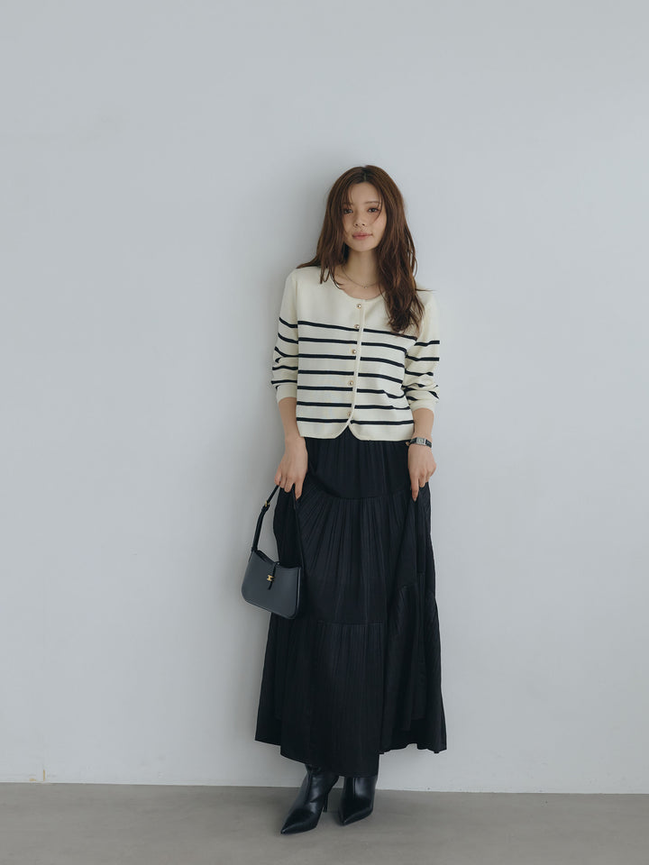 【SET】ゴールドボタンボーダーニットカーディガン+【Essential】Soft sheen tiered flare skirt(2set)