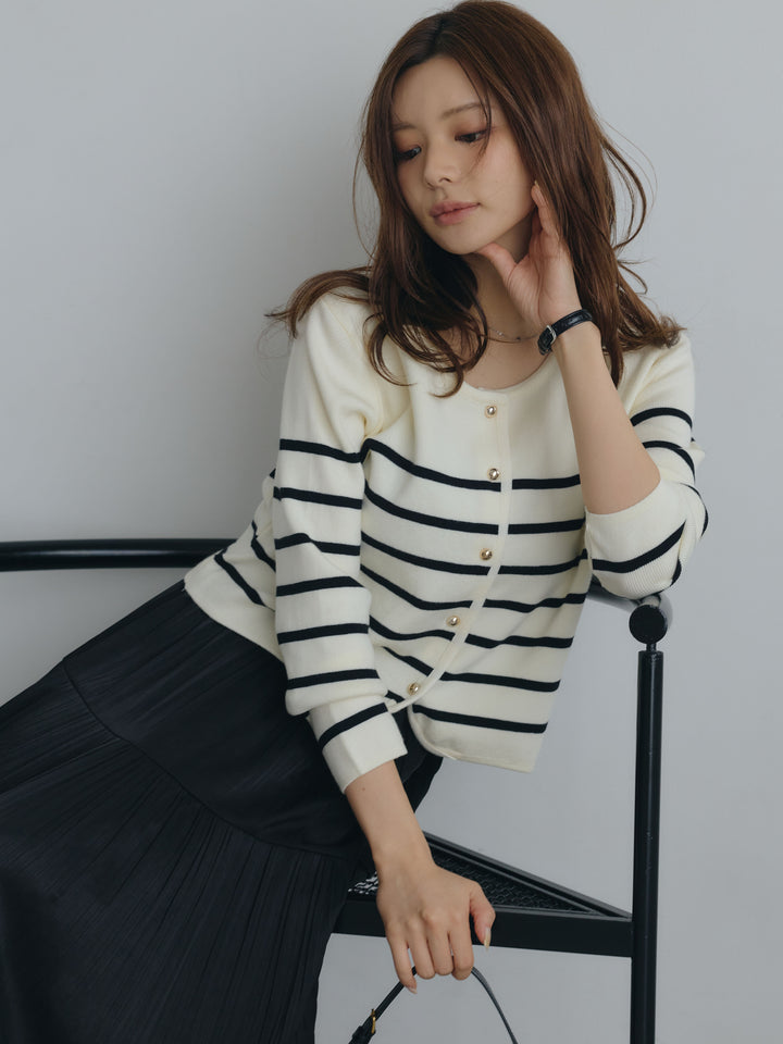 【SET】ゴールドボタンボーダーニットカーディガン+【Essential】Soft sheen tiered flare skirt(2set)