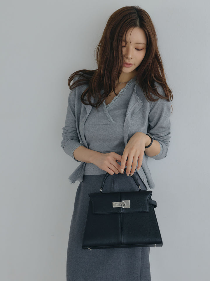 【SET】レーストリムカーディガン&レーストリムノースリーブカットソーアンサンブルSET+【Essential】Authentic wool like pencil skirt(2set)