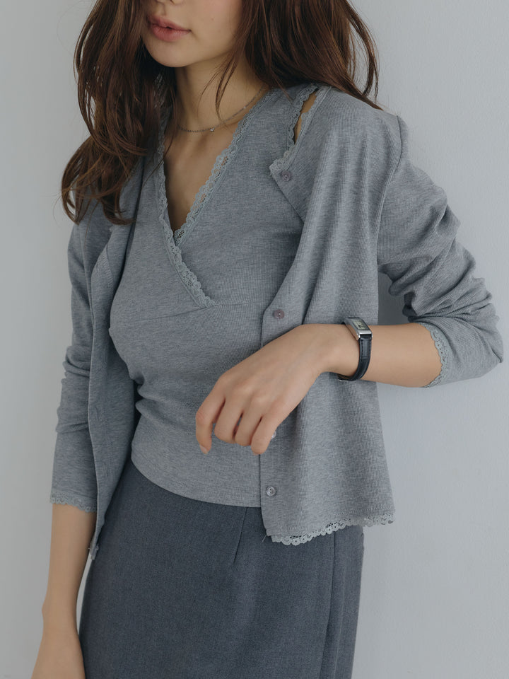 【SET】レーストリムカーディガン&レーストリムノースリーブカットソーアンサンブルSET+【Essential】Authentic wool like pencil skirt(2set)
