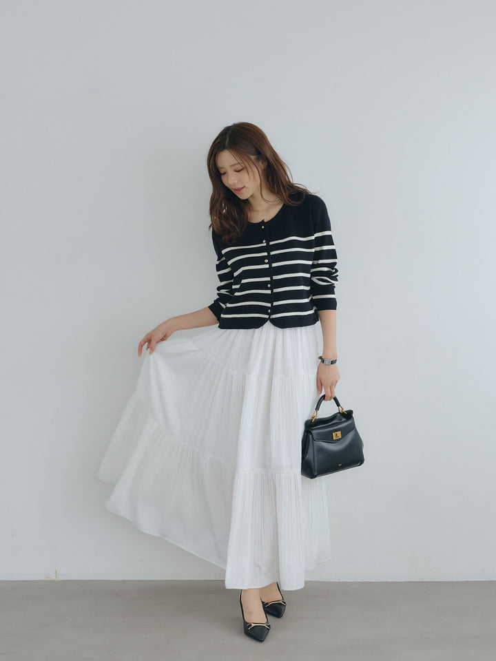 【SET】ゴールドボタンボーダーニットカーディガン+【Essential】Soft sheen tiered flare skirt(2set)