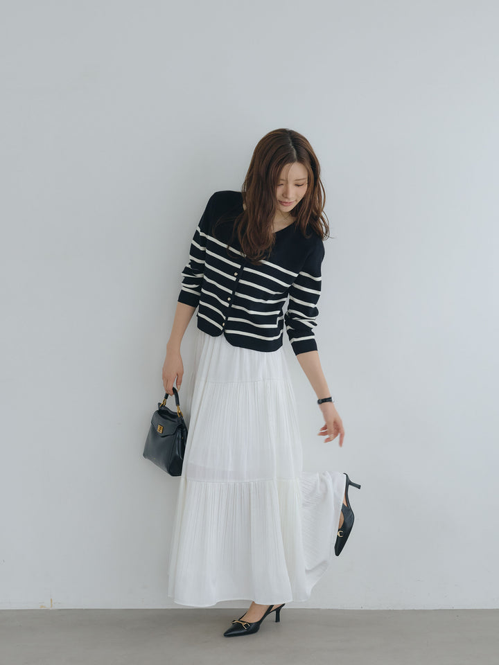 【SET】ゴールドボタンボーダーニットカーディガン+【Essential】Soft sheen tiered flare skirt(2set)