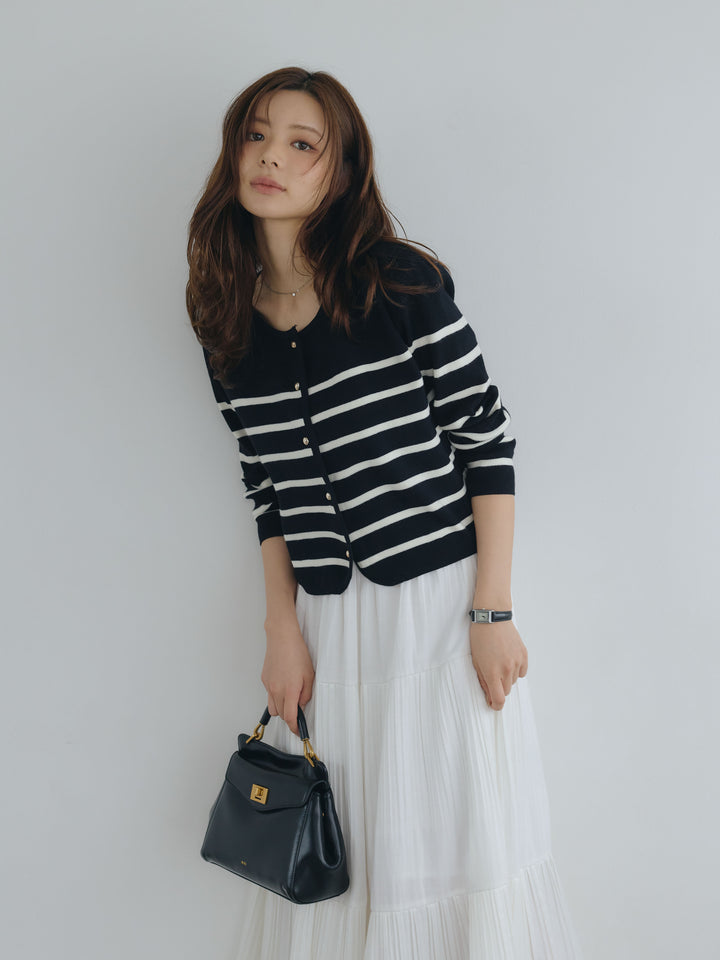 【SET】ゴールドボタンボーダーニットカーディガン+【Essential】Soft sheen tiered flare skirt(2set)