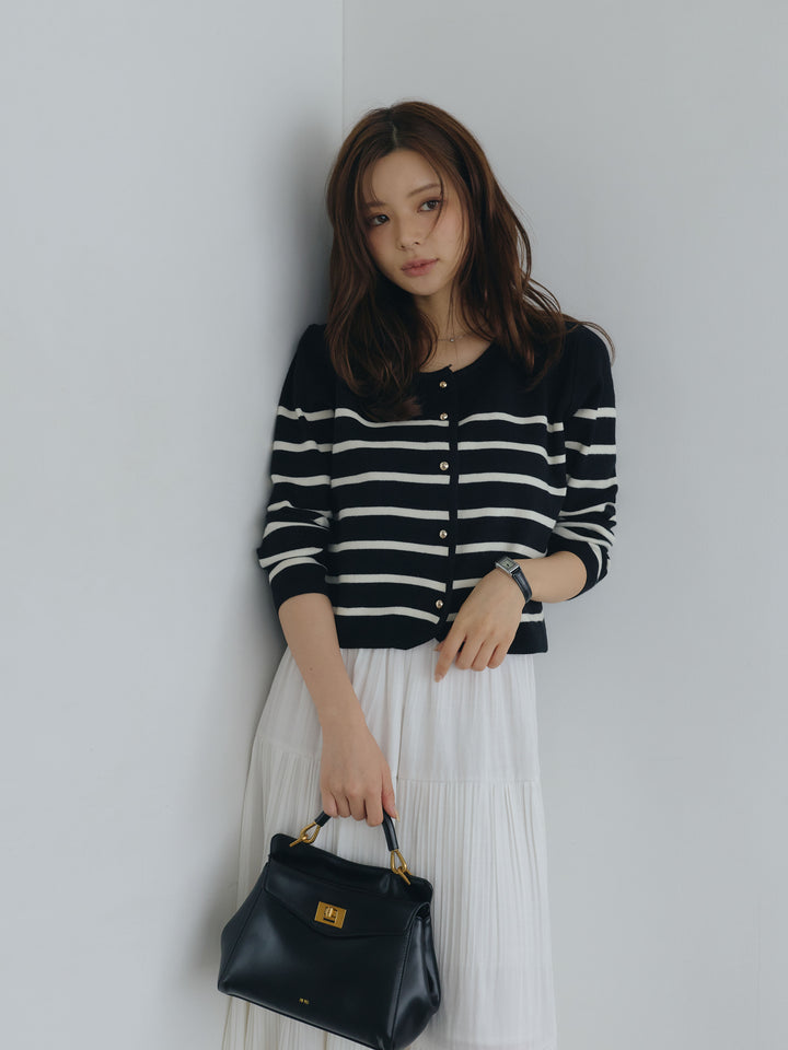 【SET】ゴールドボタンボーダーニットカーディガン+【Essential】Soft sheen tiered flare skirt(2set)