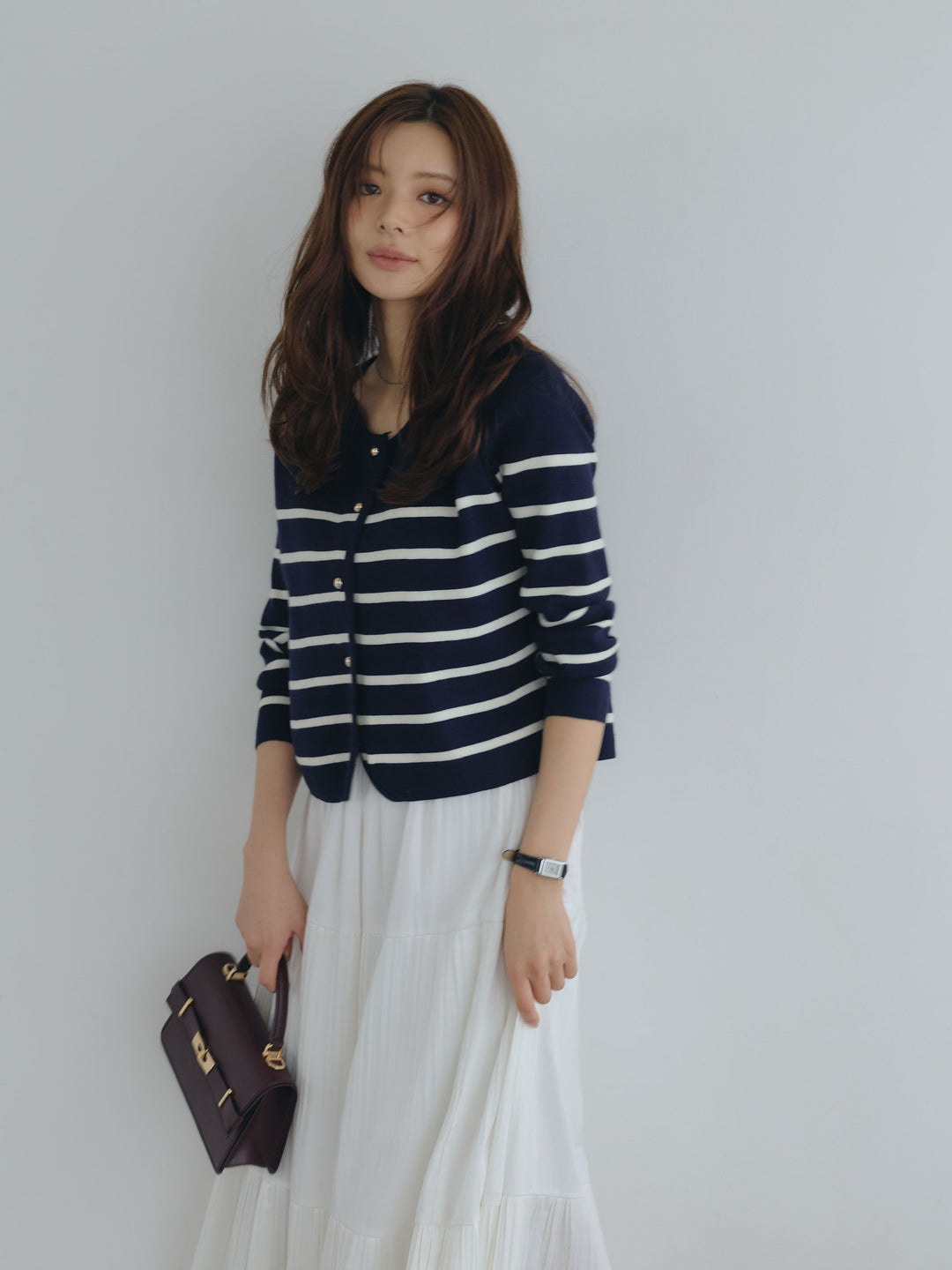 【SET】ゴールドボタンボーダーニットカーディガン+【Essential】Soft sheen tiered flare skirt(2set)