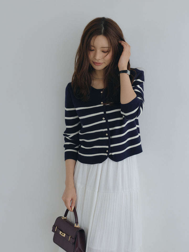 【SET】ゴールドボタンボーダーニットカーディガン+【Essential】Soft sheen tiered flare skirt(2set)