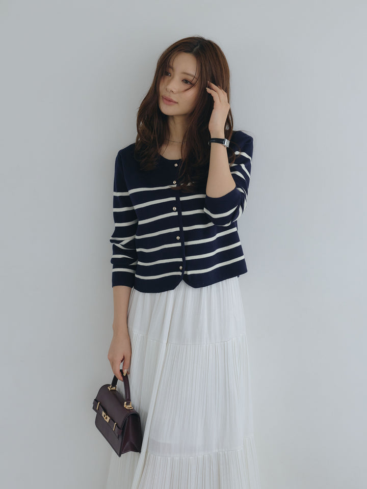 【SET】ゴールドボタンボーダーニットカーディガン+【Essential】Soft sheen tiered flare skirt(2set)