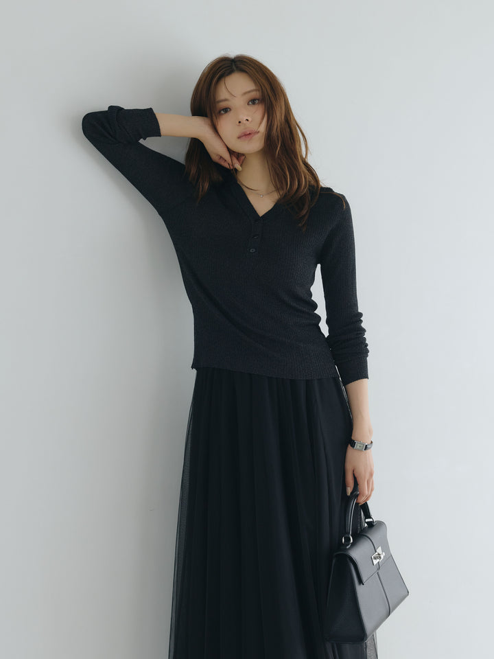 【SET】ラメリブニットポロトップス+ボリュームチュールスカート(2set)