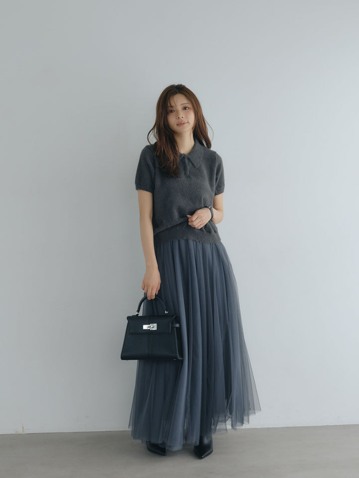 【SET】ソフトシャギー半袖ニットポロトップス+ボリュームチュールスカート(2set)