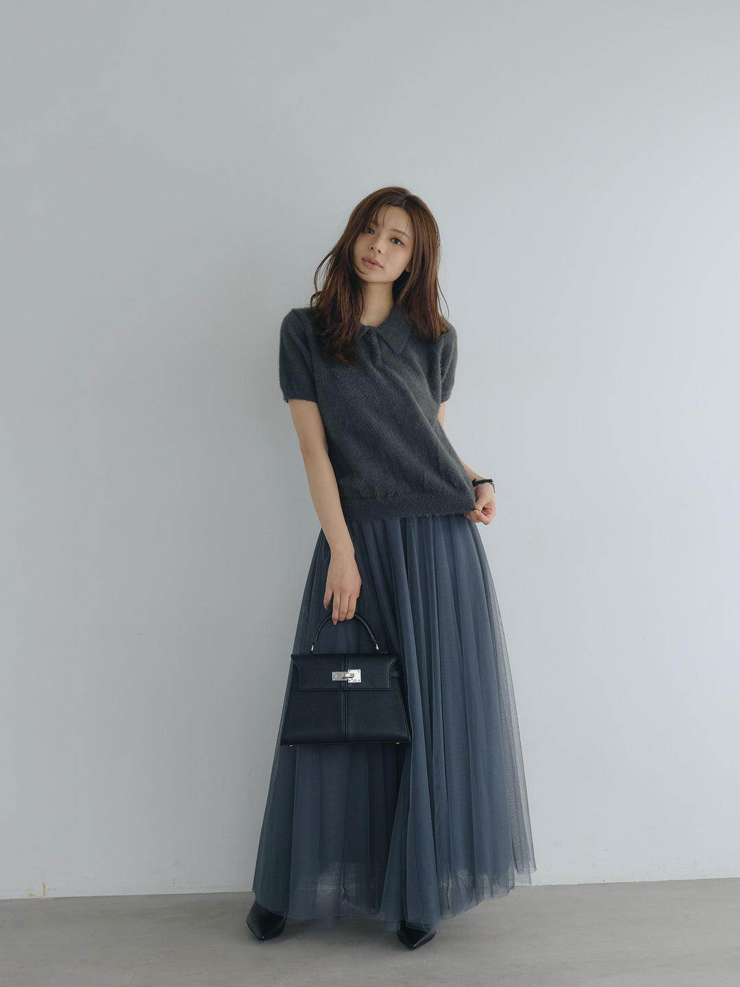 ソフトシャギー半袖ニットポロトップス