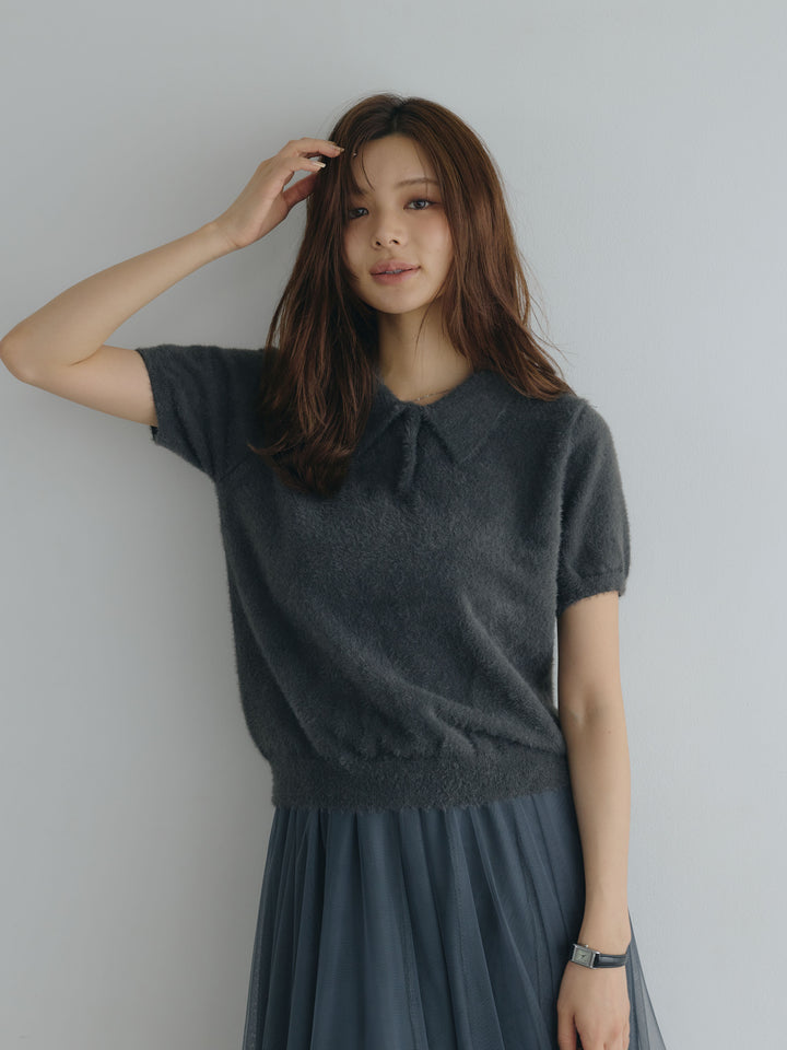 ソフトシャギー半袖ニットポロトップス