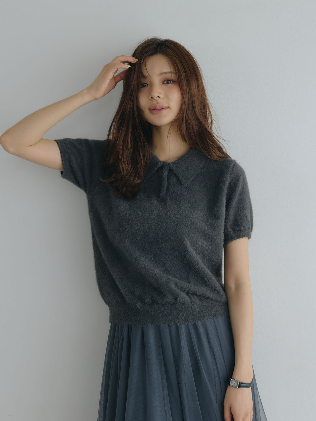 【SET】ソフトシャギー半袖ニットポロトップス+ボリュームチュールスカート(2set)