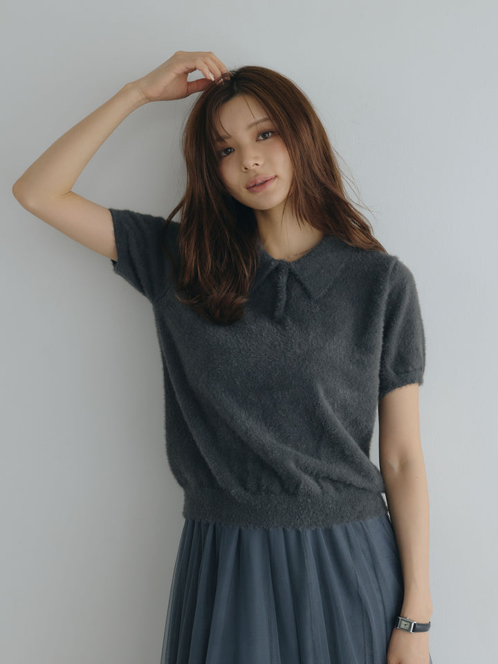 ソフトシャギー半袖ニットポロトップス