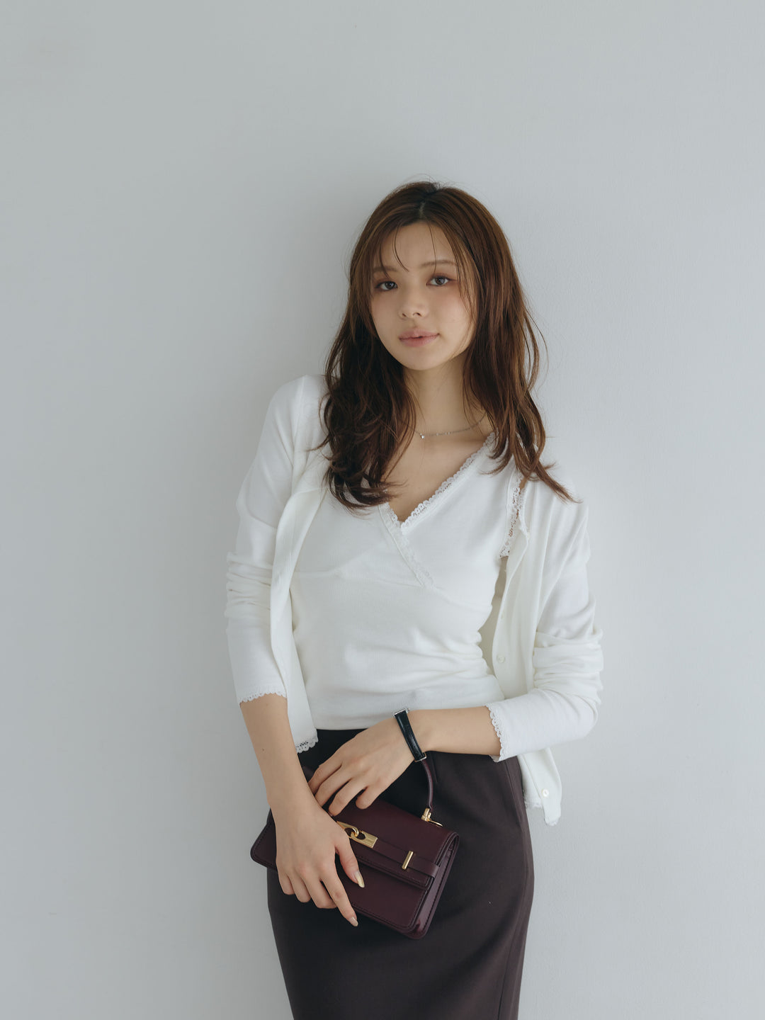 【SET】レーストリムカーディガン&レーストリムノースリーブカットソーアンサンブルSET+【Essential】Authentic wool like pencil skirt(2set)