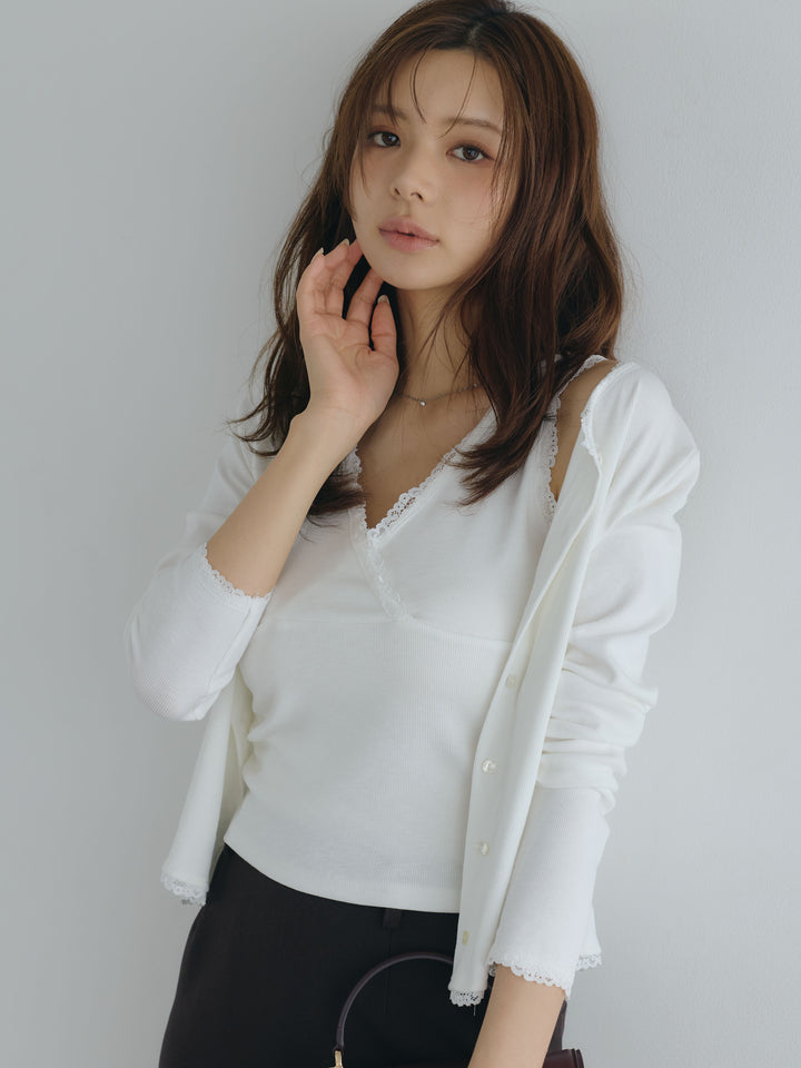 【SET】レーストリムカーディガン&レーストリムノースリーブカットソーアンサンブルSET+【Essential】Authentic wool like pencil skirt(2set)