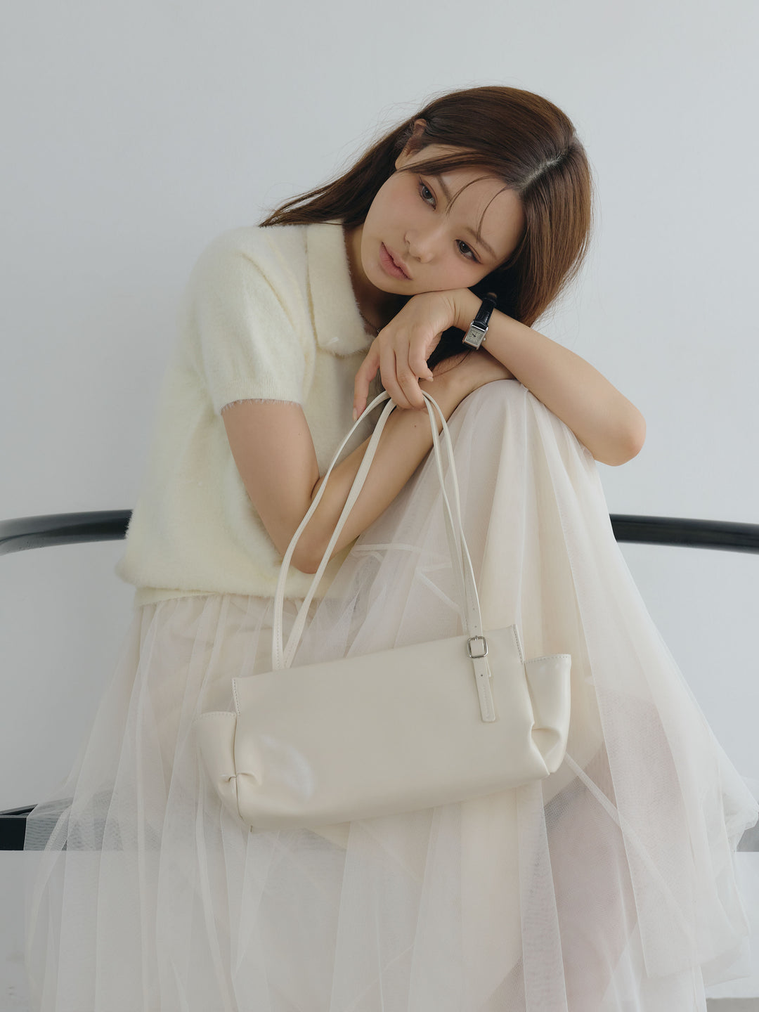 【SET】ソフトシャギー半袖ニットポロトップス+ボリュームチュールスカート(2set)