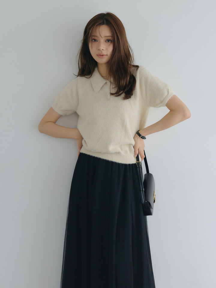 【SET】ソフトシャギー半袖ニットポロトップス+ボリュームチュールスカート(2set)