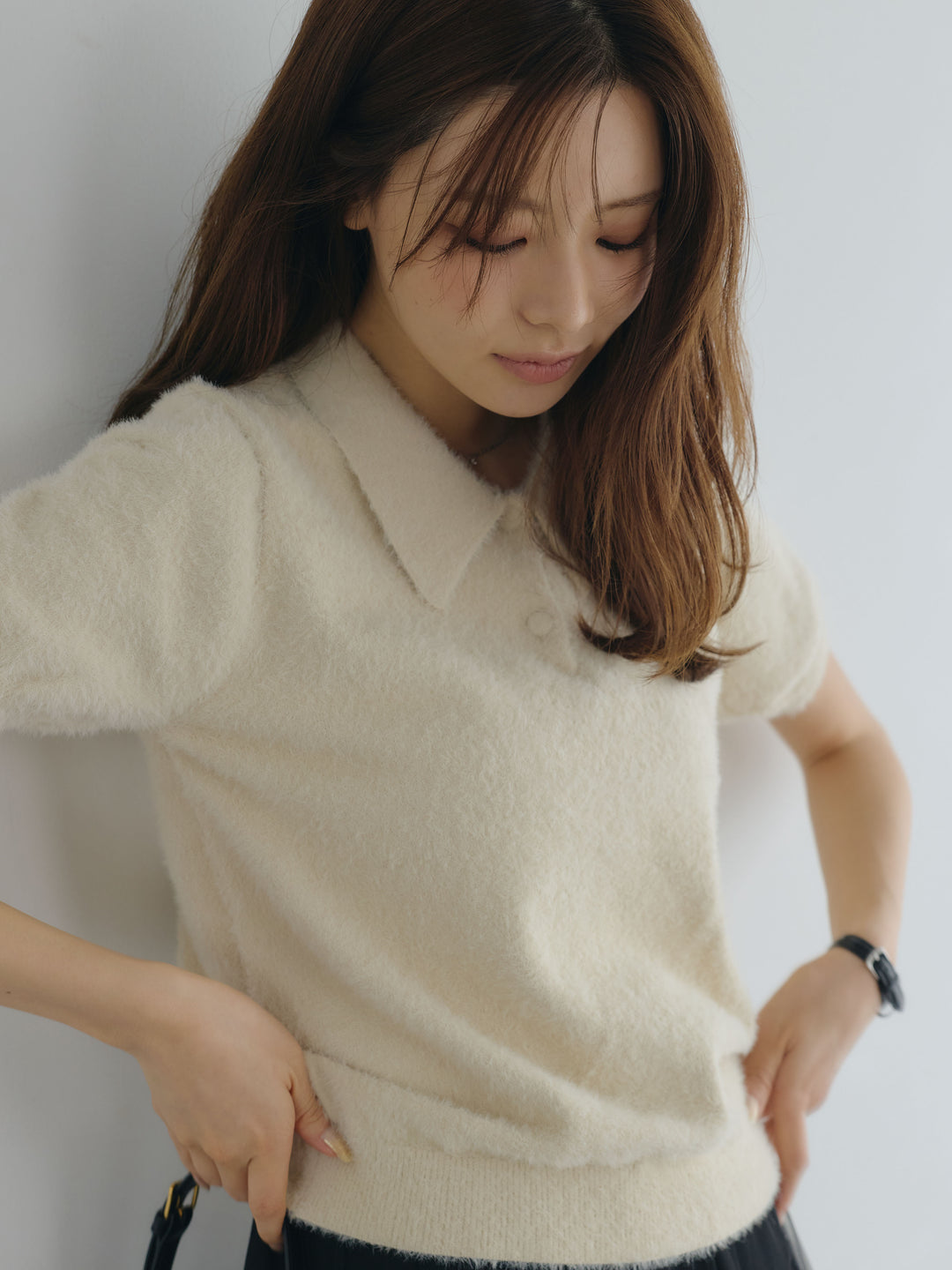 【SET】ソフトシャギー半袖ニットポロトップス+ボリュームチュールスカート(2set)