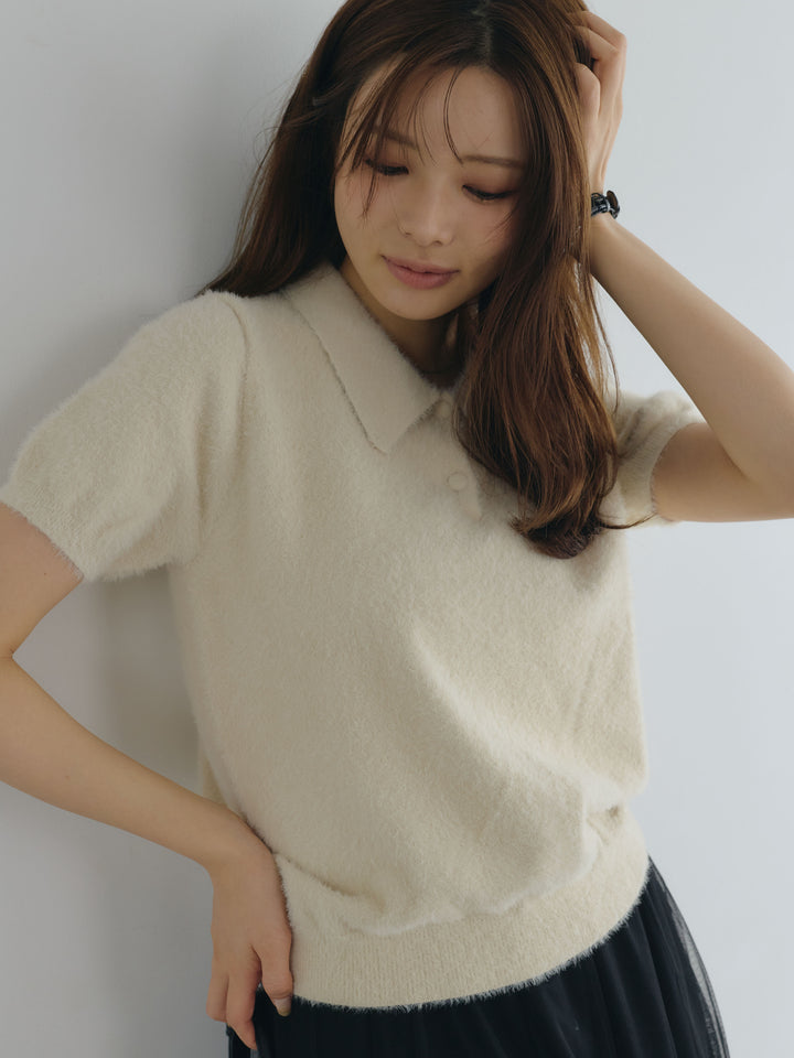 【SET】ソフトシャギー半袖ニットポロトップス+ボリュームチュールスカート(2set)